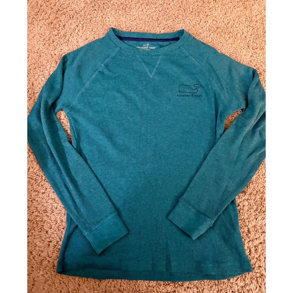 Vineyard Vines Womens XS Teal Blue Waffle Knit Thermal Long Sleeve Whale Shirt